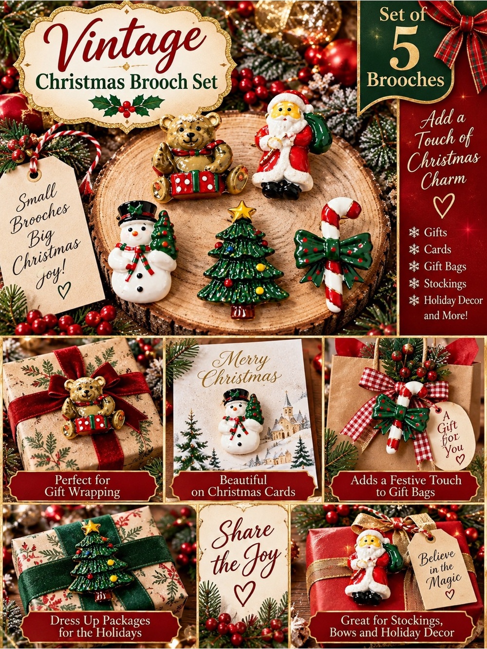 Vintage Holiday Brooch Set — Festive Red, Green & White Ornament Pins